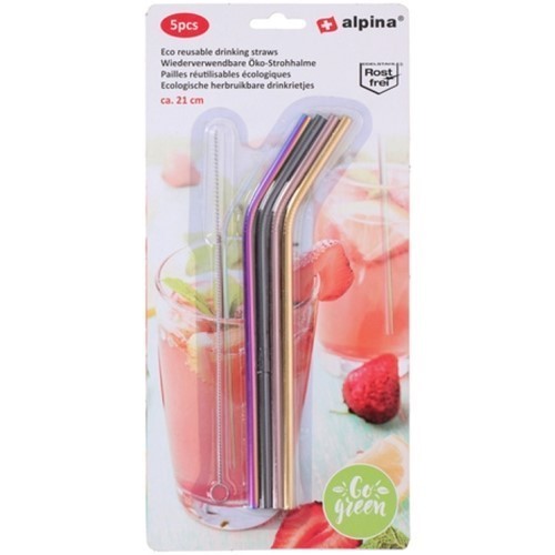 SET 4 PAJITAS ACERO ALPINA COLORES 21CMS + CEPILLO